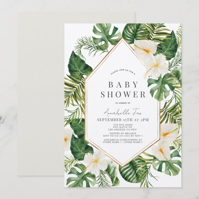 Invitation Anthurium blanc & Hibiscus Baby shower floral (Devant / Derrière)