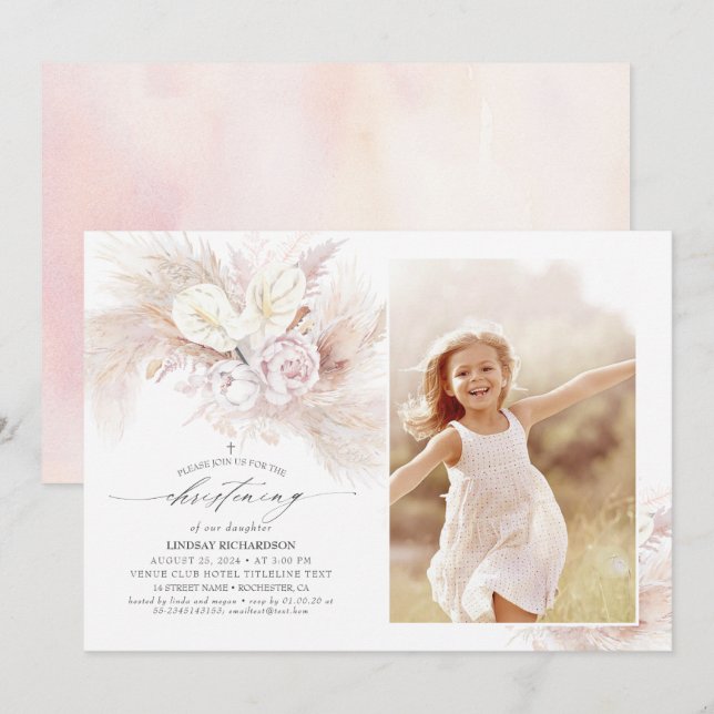 Invitation Anthurium Pampas Grass Floral Christening Photo (Devant / Derrière)