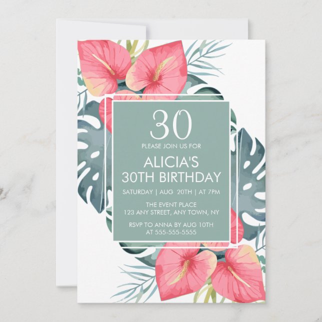 Invitation Anthurium Tropical Chic & Monstera Anniversaire (Devant)