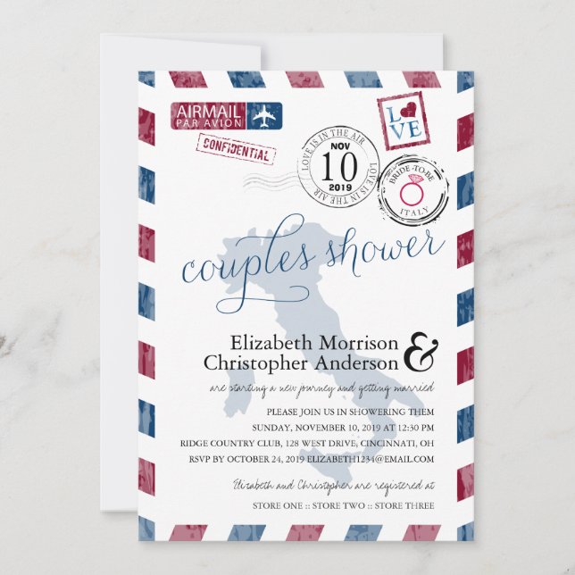 Invitation Antique Airmail Italie | Douche Couples (Devant)