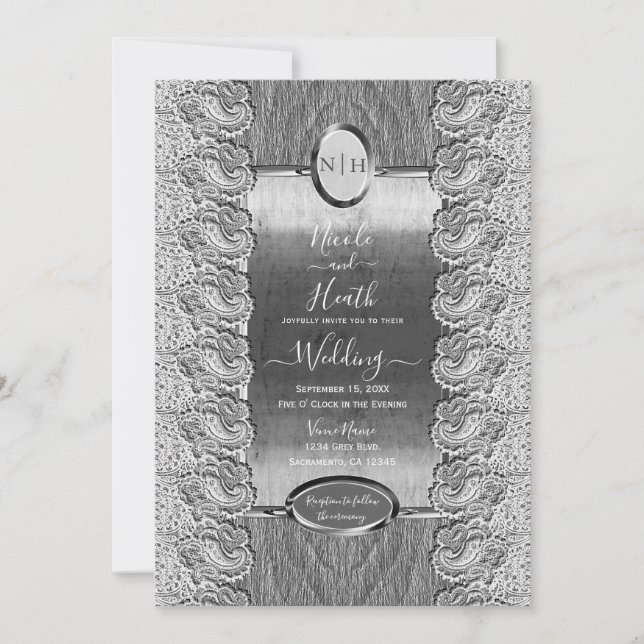 Invitation Antique Blanc dentelle gris bois Mariage d'argent (Devant)