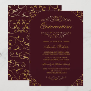 Invitation Antique Bourgogne Gold Flourish Quinceanera Invita