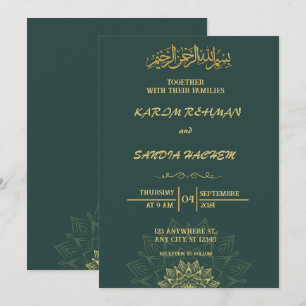 Invitation Antique cadre or Emerald Green Mariage islamique