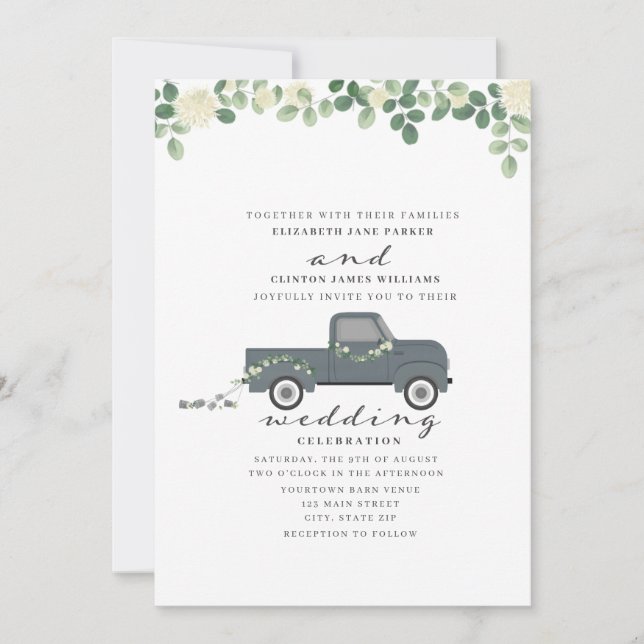 Invitation Antique Camion Bleu Avec Mariage À Canettes (Devant)