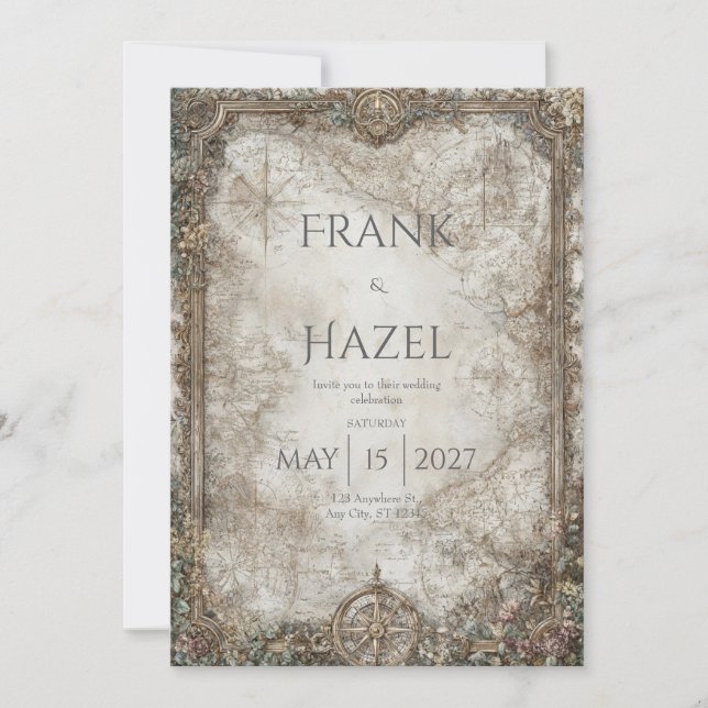 Invitation Antique Compass Enchanted Forest Mariage (Devant)