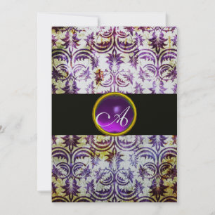 Invitation ANTIQUE DAMASK MONOGRAM, noir blanc violet, argent