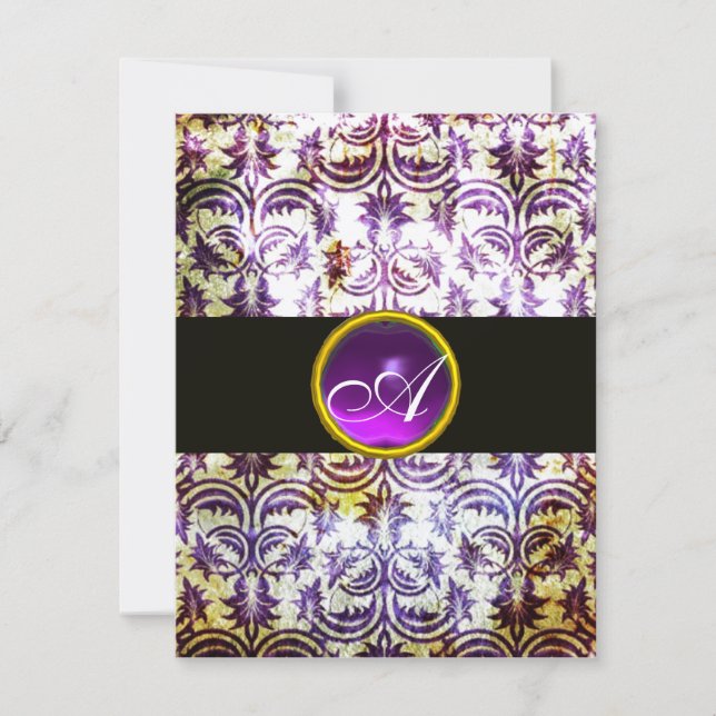 Invitation ANTIQUE DAMASK MONOGRAM, noir blanc violet, argent (Devant)