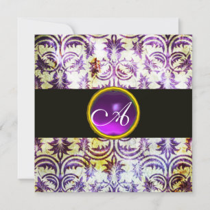 Invitation ANTIQUE DAMASK MONOGRAS, blanc violet, noir