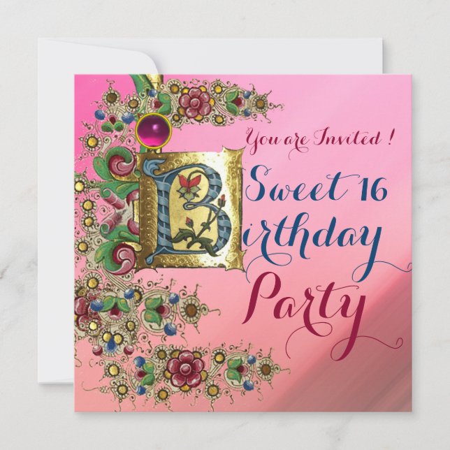 INVITATION ANTIQUE FLORAL OR ROSE SWEET 16 FÊTE D'ANNIVERSAIR (Devant)