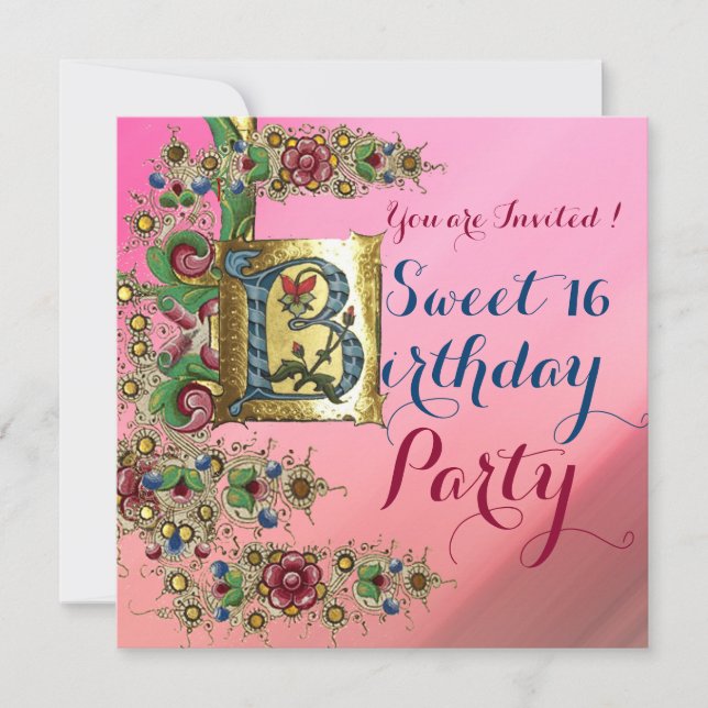 INVITATION ANTIQUE FLORAL OR ROSE SWEET 16 FÊTE D'ANNIVERSAIR (Devant)