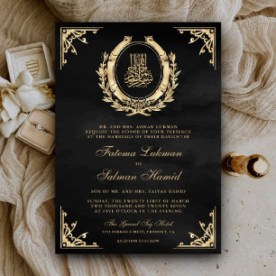 Invitation Antique Gold Crest Black Muslim Mariage