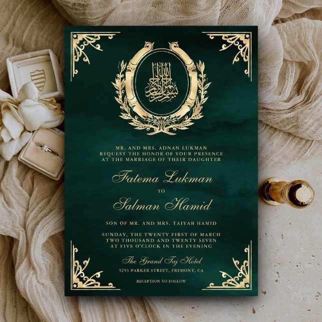 Invitation Antique Gold Crest Emerald Green Mariage musulman (Créateur téléchargé)