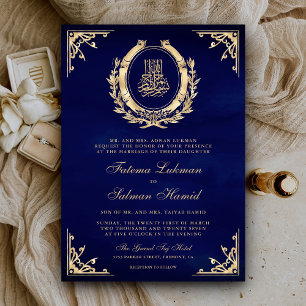 Invitation Antique Gold Crest Royal Blue Musulman Mariage