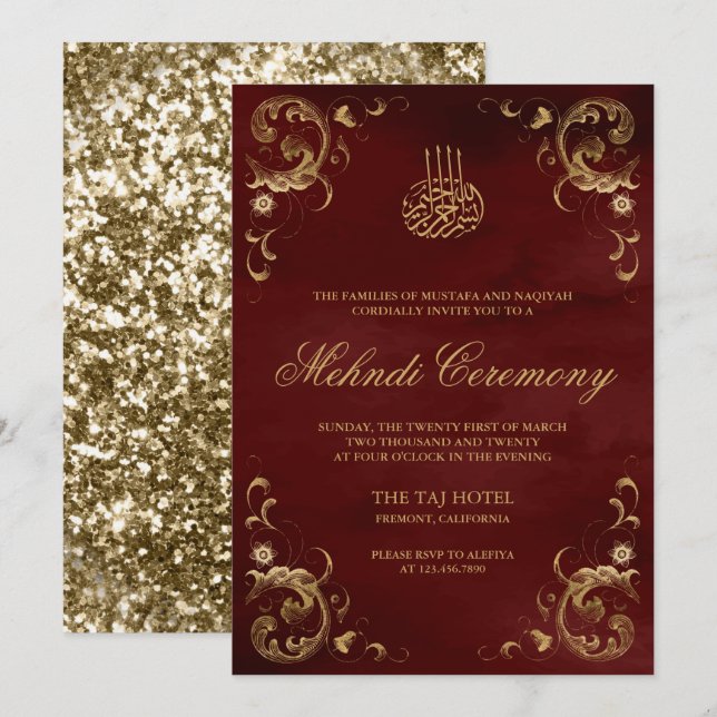 Invitation Antique Gold Frame Bourgogne Rouge islamique Mehnd (Devant / Derrière)