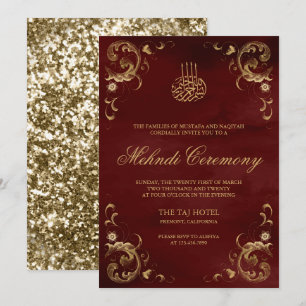 Invitation Antique Gold Frame Bourgogne Rouge islamique Mehnd
