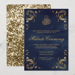 Invitation Antique Gold Frame Marine Bleu Islam Mehndi