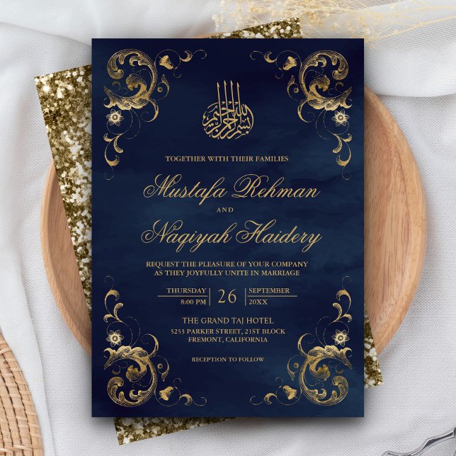 Invitation Antique Gold Frame Marine Bleu Mariage islamique (Créateur téléchargé)