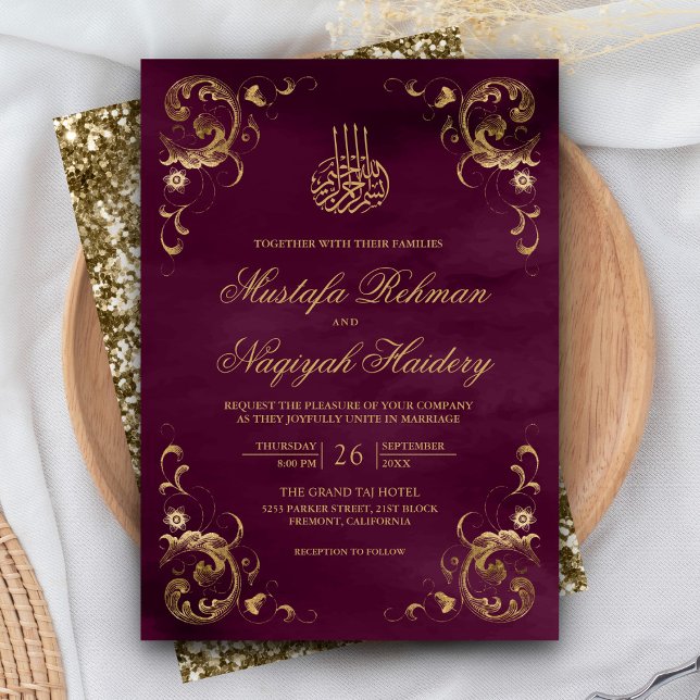 Invitation Antique Gold Frame Plum Purple Mariage islamique (Créateur téléchargé)