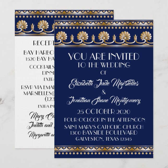 Invitation Antique Gold Lovely Blue Mariage - Événement offic (Devant / Derrière)