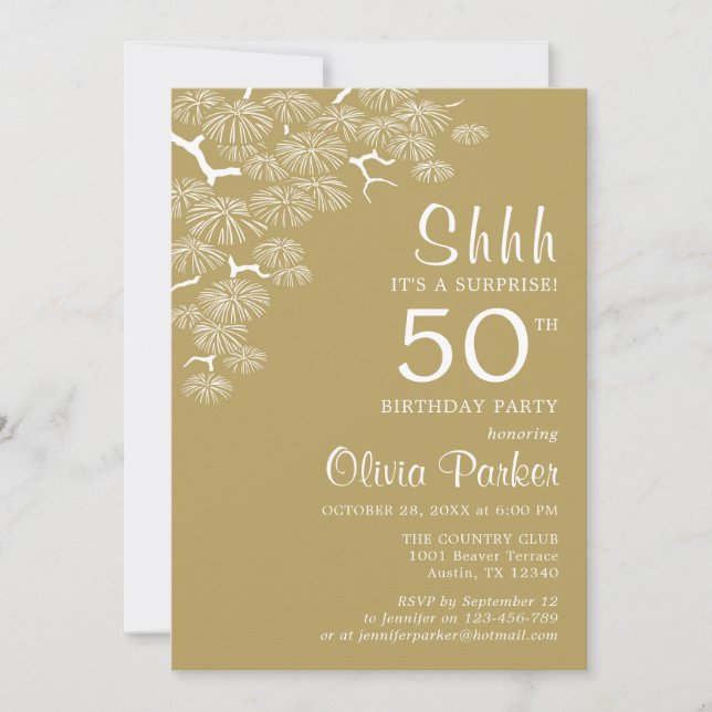 Invitation Antique Gold Pine Branch Surprise 50e anniversaire (Devant)