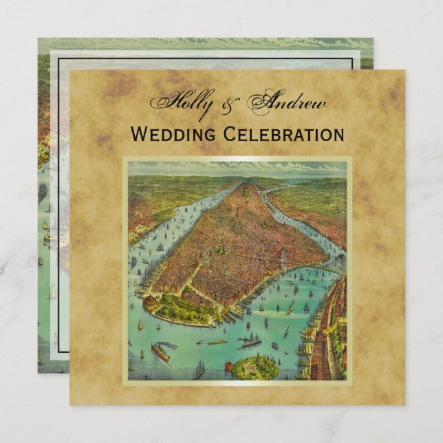 Invitation Antique New York City Map Distressed BG SQ Mariage (Devant / Derrière)