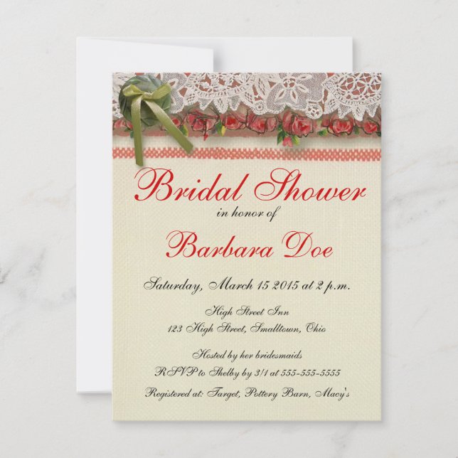 Invitation Antique Rose dentelle Rustique Rouge Victorien Bur (Devant)