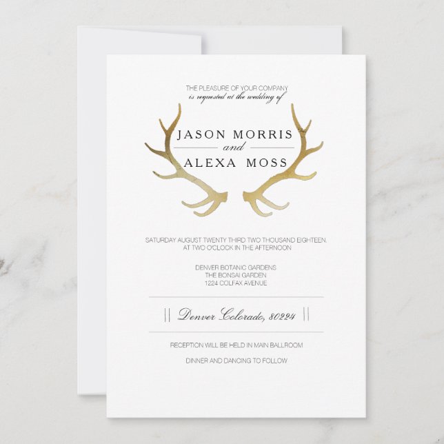 Invitation Antler en or rustique | Mariage élégant (Devant)