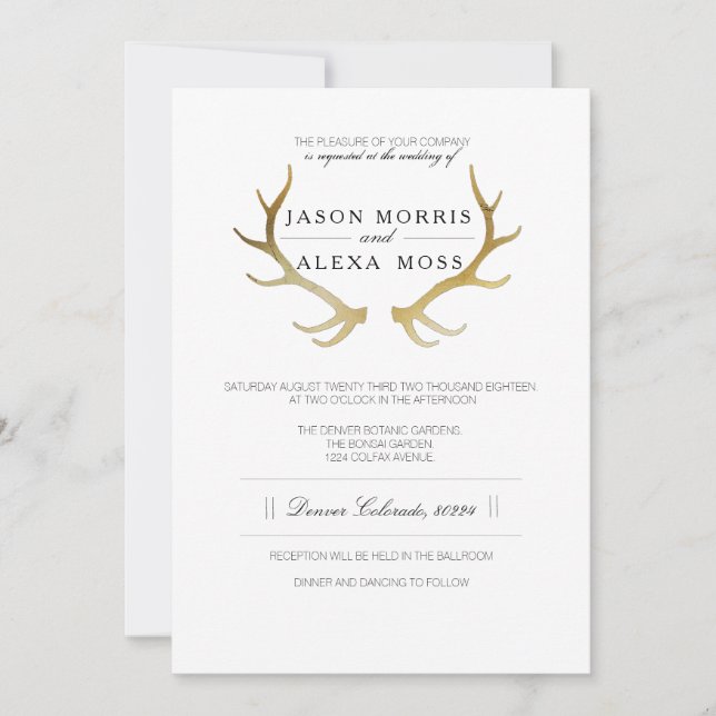 Invitation Antler en or rustique | Mariage élégant (Devant)
