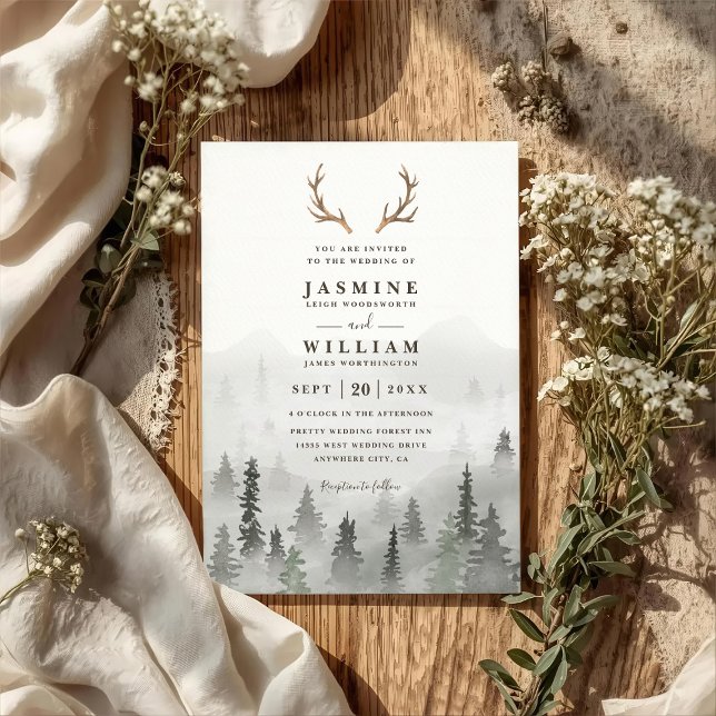 Invitation Antler Forest Mountain Tree Rustic QR Code Wedding (Créateur téléchargé)