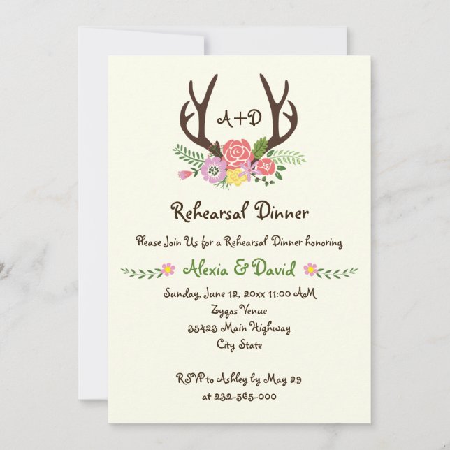 Invitation Antlers dîner de répétition mariage monogramme flo (Devant)