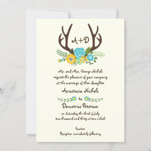 Invitation Antlers et fleurs d'aqua monogramme mariage boisé