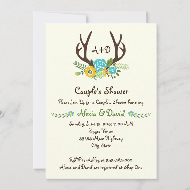 Invitation Antlers & fleurs monogramme mariage couples douche (Devant)