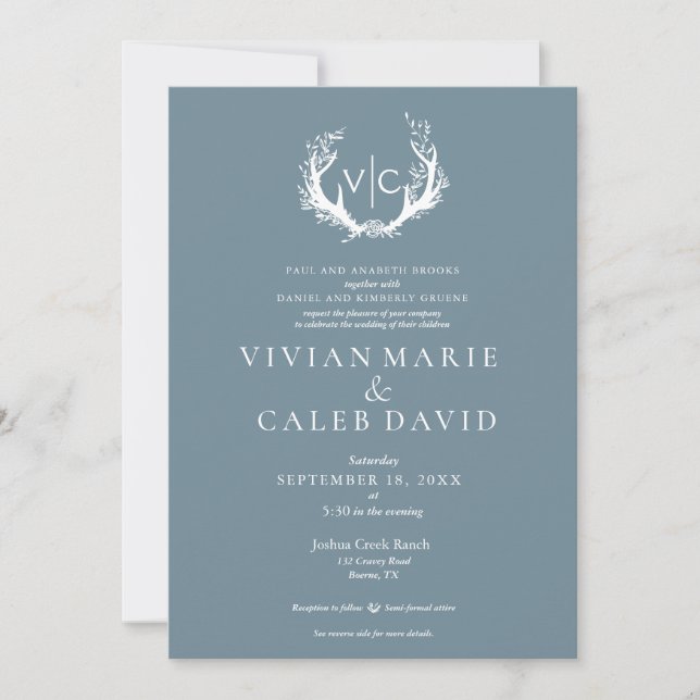 Invitation Antlers rustiques avec couronne fleurie | MARIAGE (Devant)