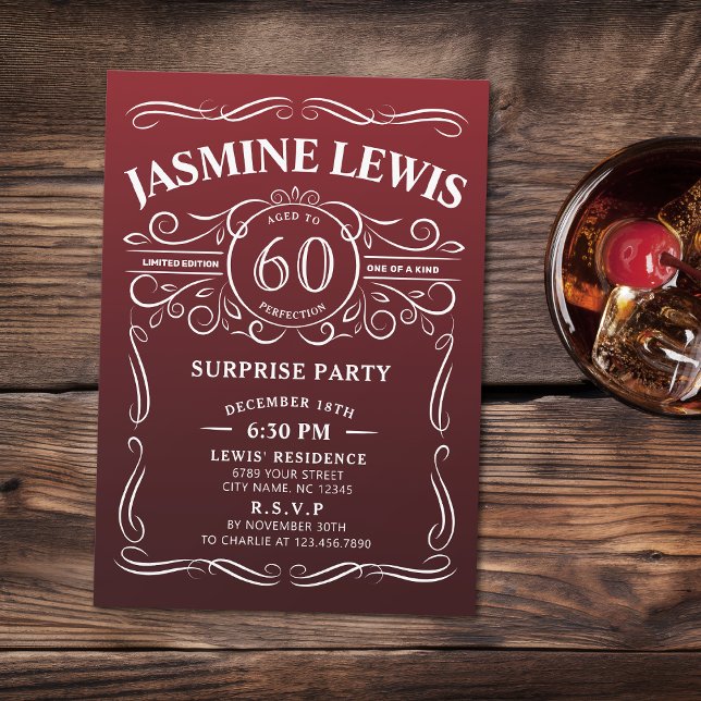 Invitation Any Age burgundy whiskey surprise 60e anniversaire (Any Age burgundy whiskey surprise 60th birthday Invitation)