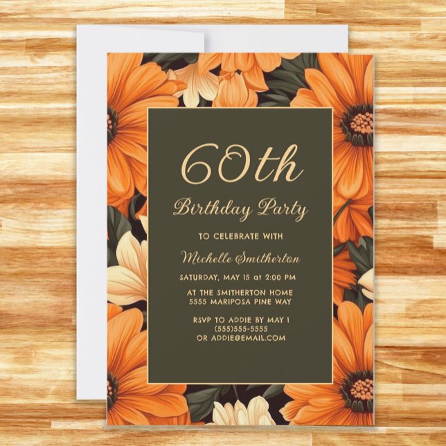 Invitation Any Age Orange Flowers Brown 60e anniversaire (Orange flowers on brown 60th birthday party invitation)