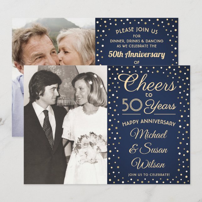 Invitation ANY Anniversary 2 Photo Cheers Navy and Gold Party (Devant / Derrière)
