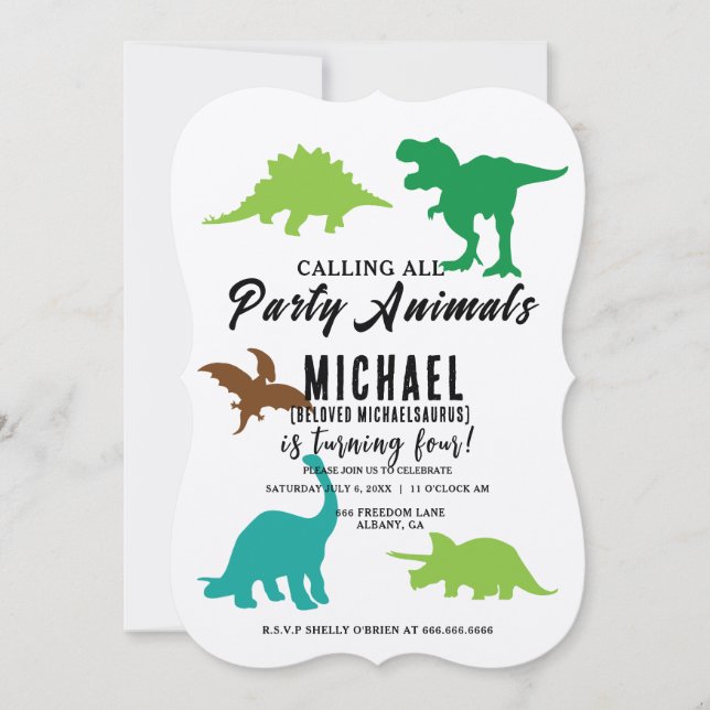 Invitation Appel à tous les animaux de fête Dinosaures Annive (Devant)