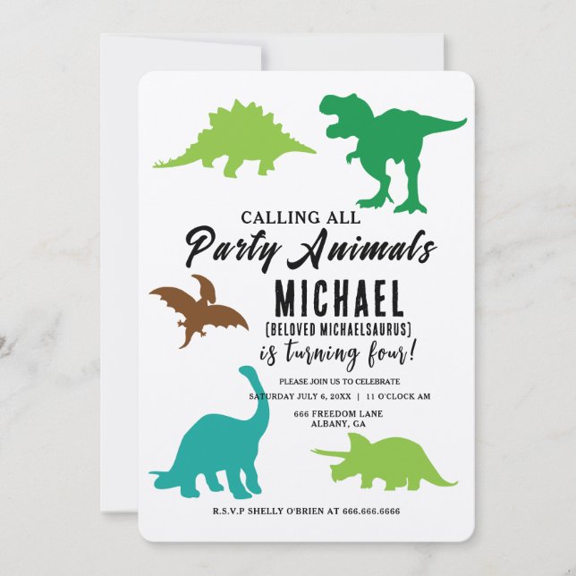 Invitation Appel à tous les animaux de fête Dinosaures fête d (Devant)