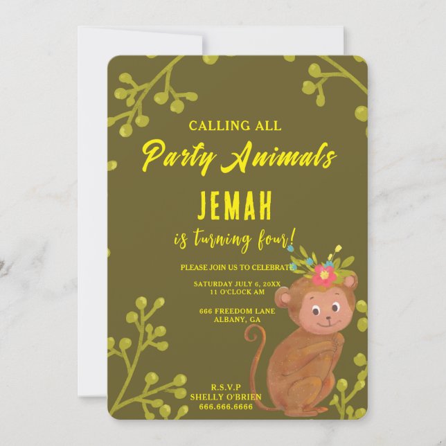 Invitation Appel à tous les animaux de fête singe fête d'anni (Devant)