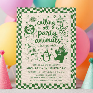Invitation Appel à tous les animaux de fête Vert RETRO 1er An