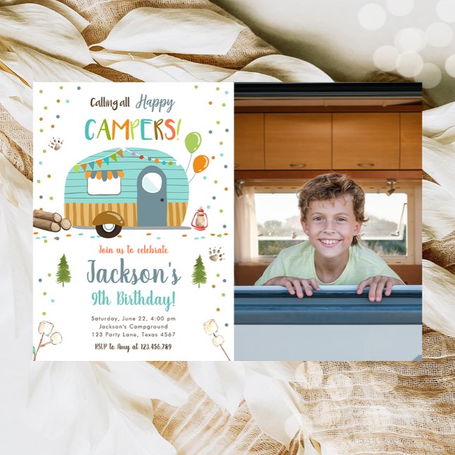 Invitation Appel À Tous Les Campers Heureux Camping Boy Birth (Créateur téléchargé)