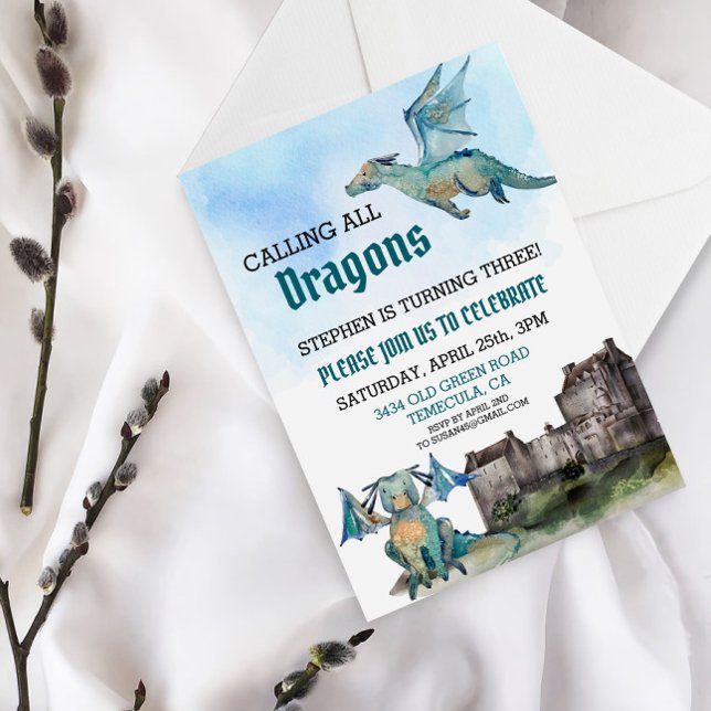 Invitation Appel à tous les dragons aquarelle fête d'annivers (Créateur téléchargé)