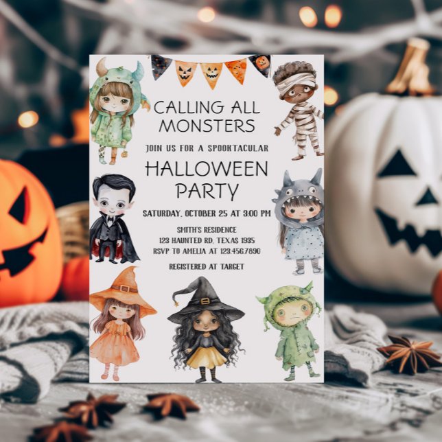 Invitation Appel à tous les monstres Costume pour enfants Hal (Calling All Monsters Kids Costume Halloween Party Invitation)