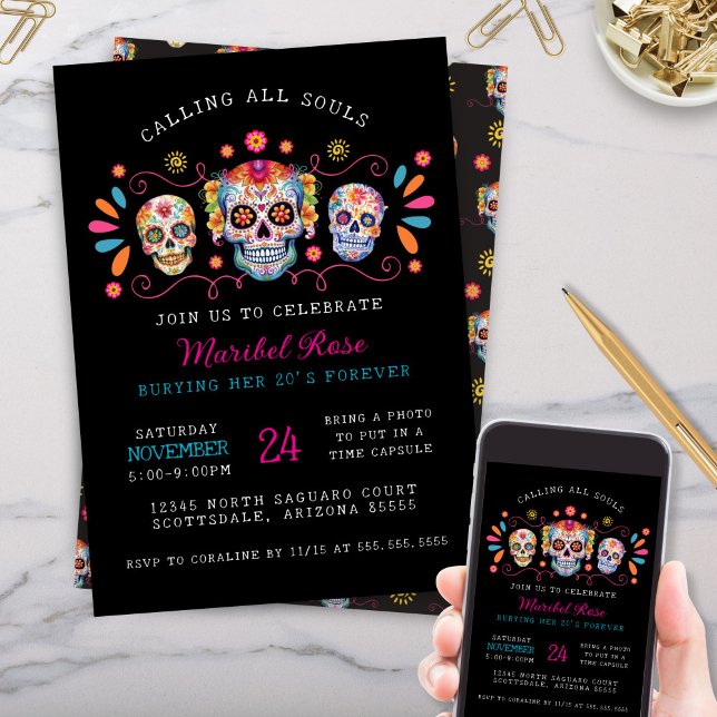 Invitation Appel à toutes les âmes Mexicaine Candy Crâne Anni (Colorful Skull Candy Birthday Party invitation for any age or Dia de los Muertos Day of the Dead)