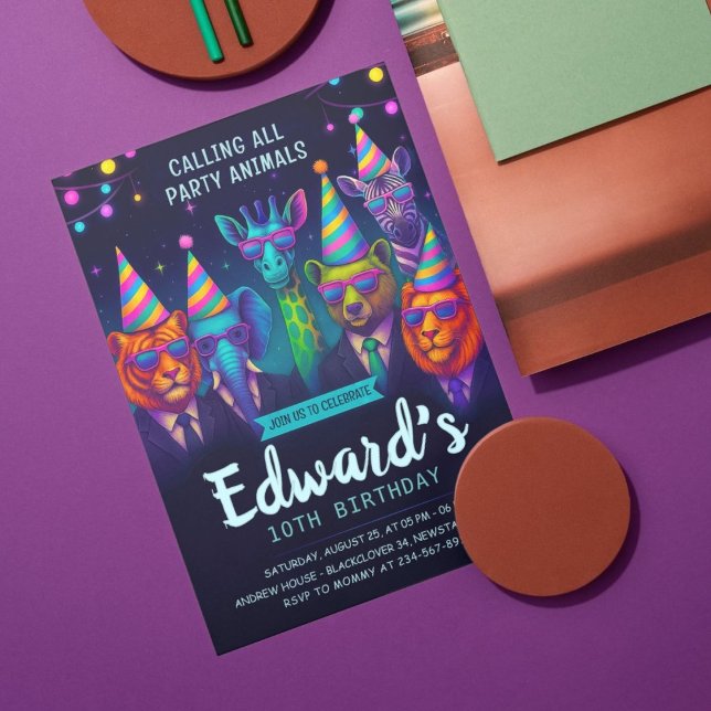 Invitation Appeler tous les animaux de fête - Anniversaire an (Calling All Party Animals – Fancy Animal Birthday Invitation)