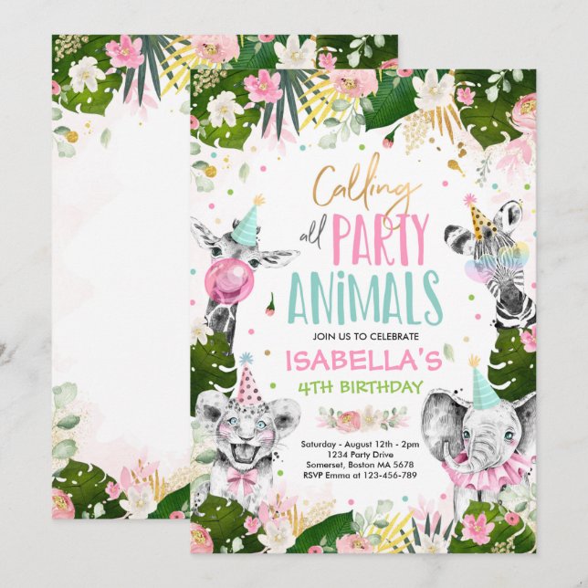 Invitation Appeler tous les animaux de fête Anniversaire Safa (Devant / Derrière)