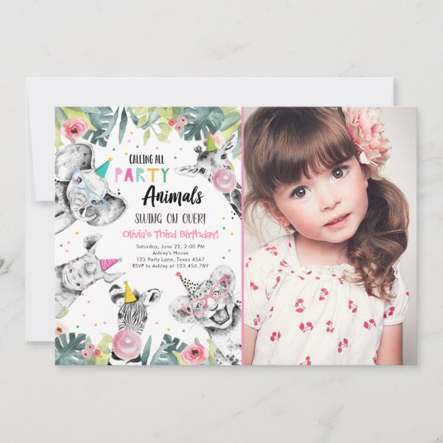Invitation Appeler Tous Les Animaux De Fête Fille Safari Anni (Devant)