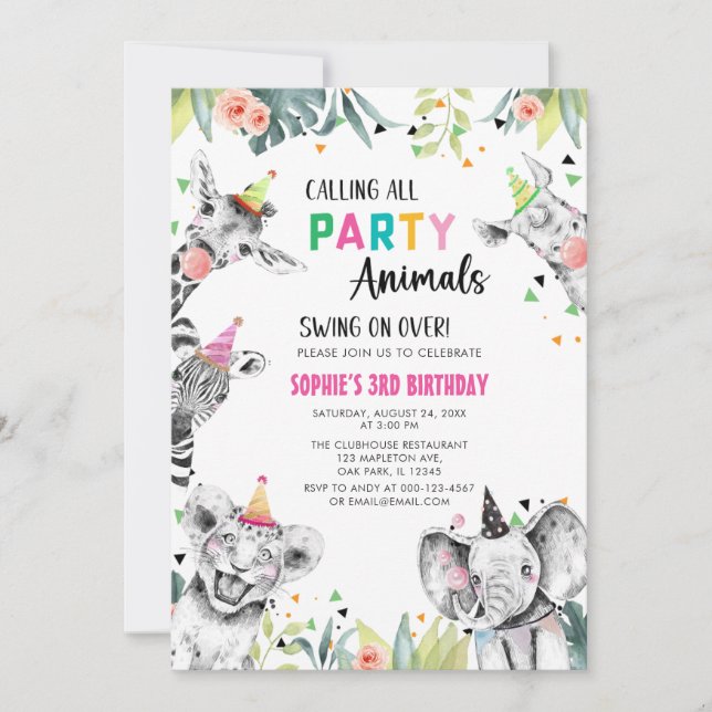 Invitation Appeler tous les animaux de fête Safari Anniversai (Devant)