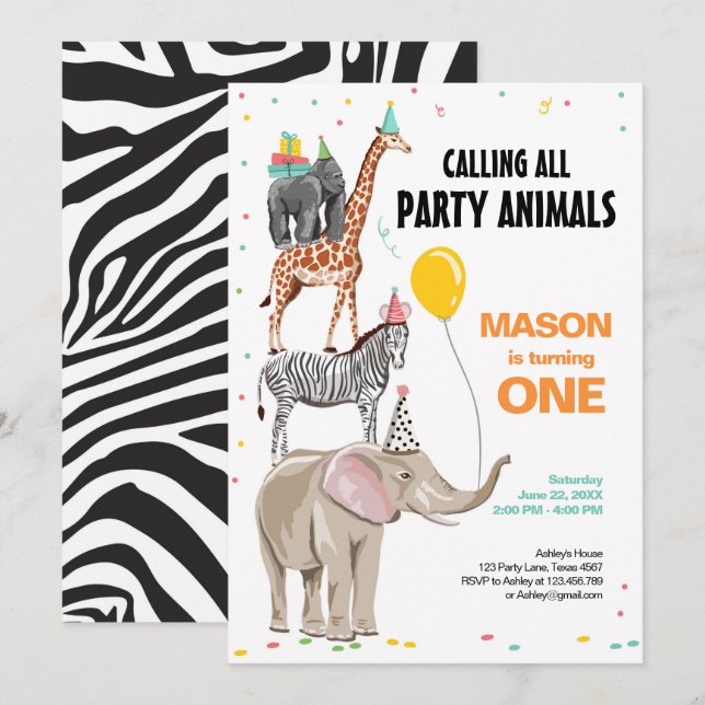 Invitation Appeler tous les animaux de fête Zoo Wild Boy Anni (Devant / Derrière)