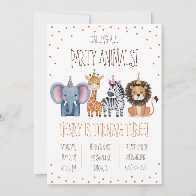 Invitation Appelle tous les animaux de fête ! Fête d'annivers (Devant)